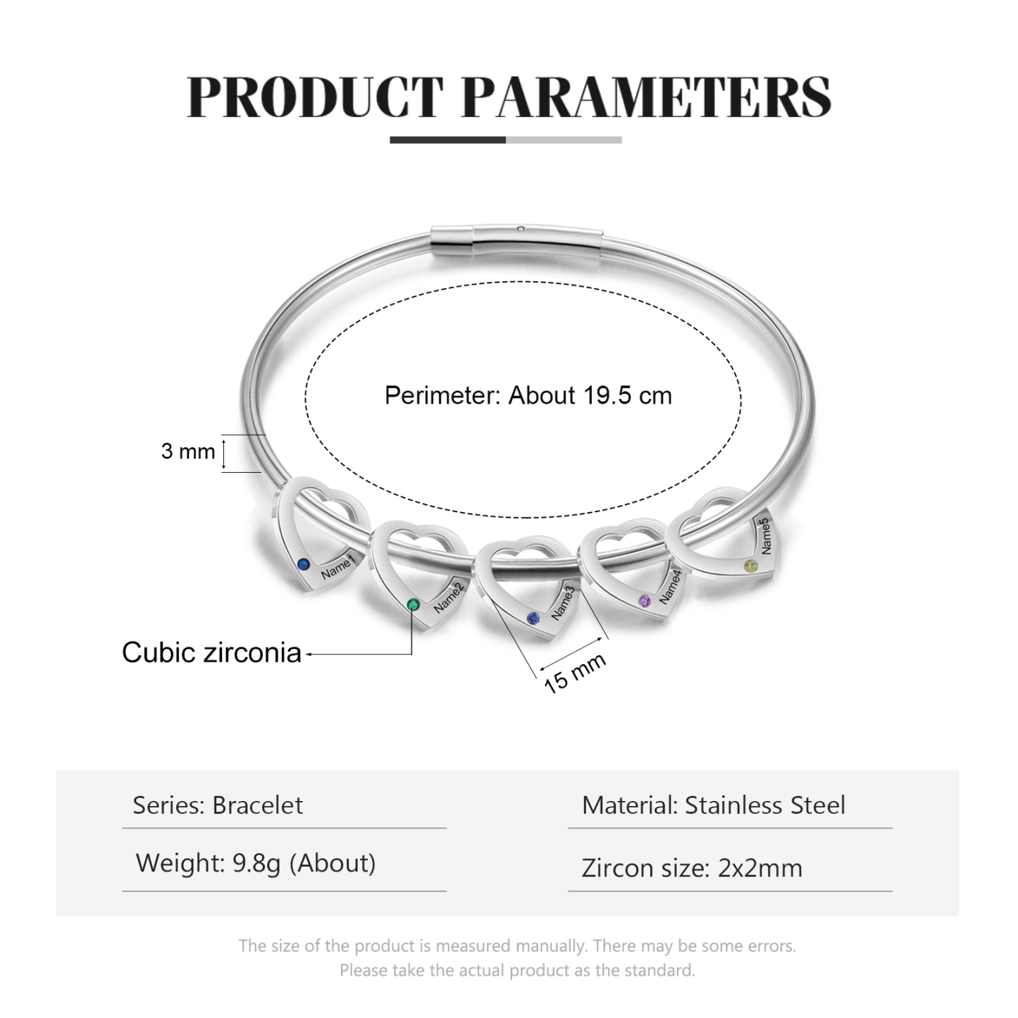 5 Names-Personalized Heart Bracelet With 5 Birthstones Bangle Engraved Names Bracelet Gift For Women