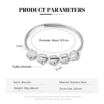 5 Names-Personalized Heart Bracelet With 5 Birthstones Bangle Engraved Names Bracelet Gift For Women