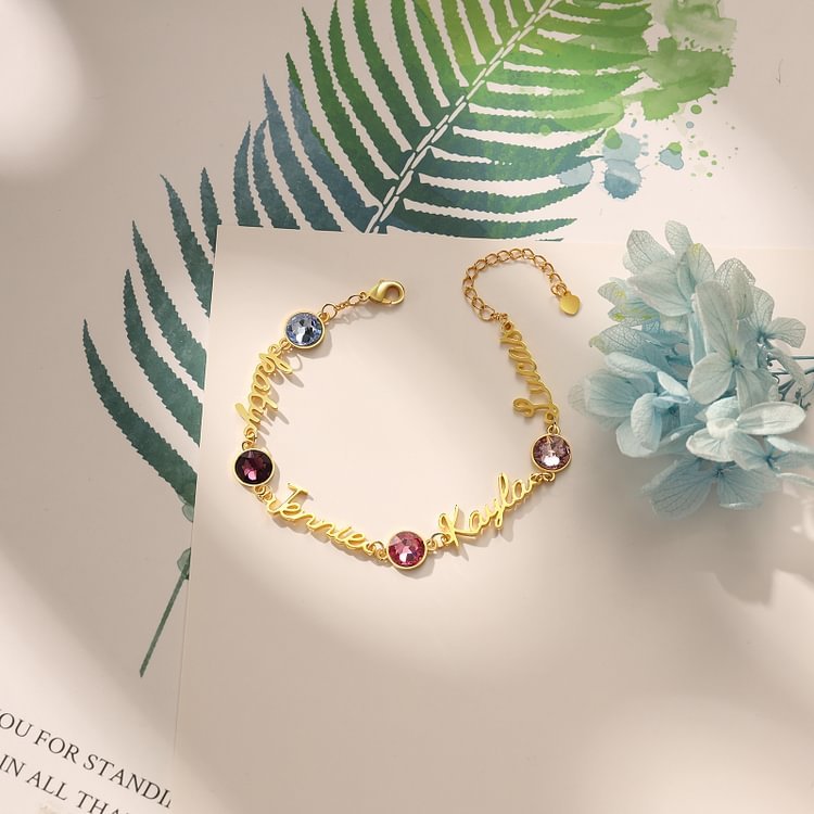 Braccialetto anello con 4 nomi e 4 pietre di nascita personalizzabili regalo per donna
