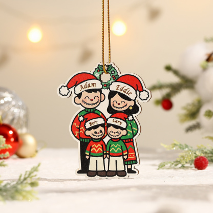 Ornamento di Natale in legno personalizzato con famiglia in stile cartone animato