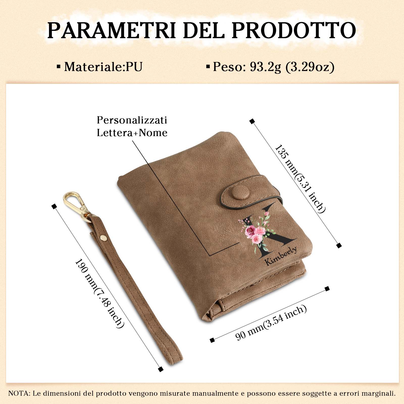 Portafoglio mano nella mano in PU pelle con 7 nomi & 1 testo & 1 lettera personalizzati per mamma