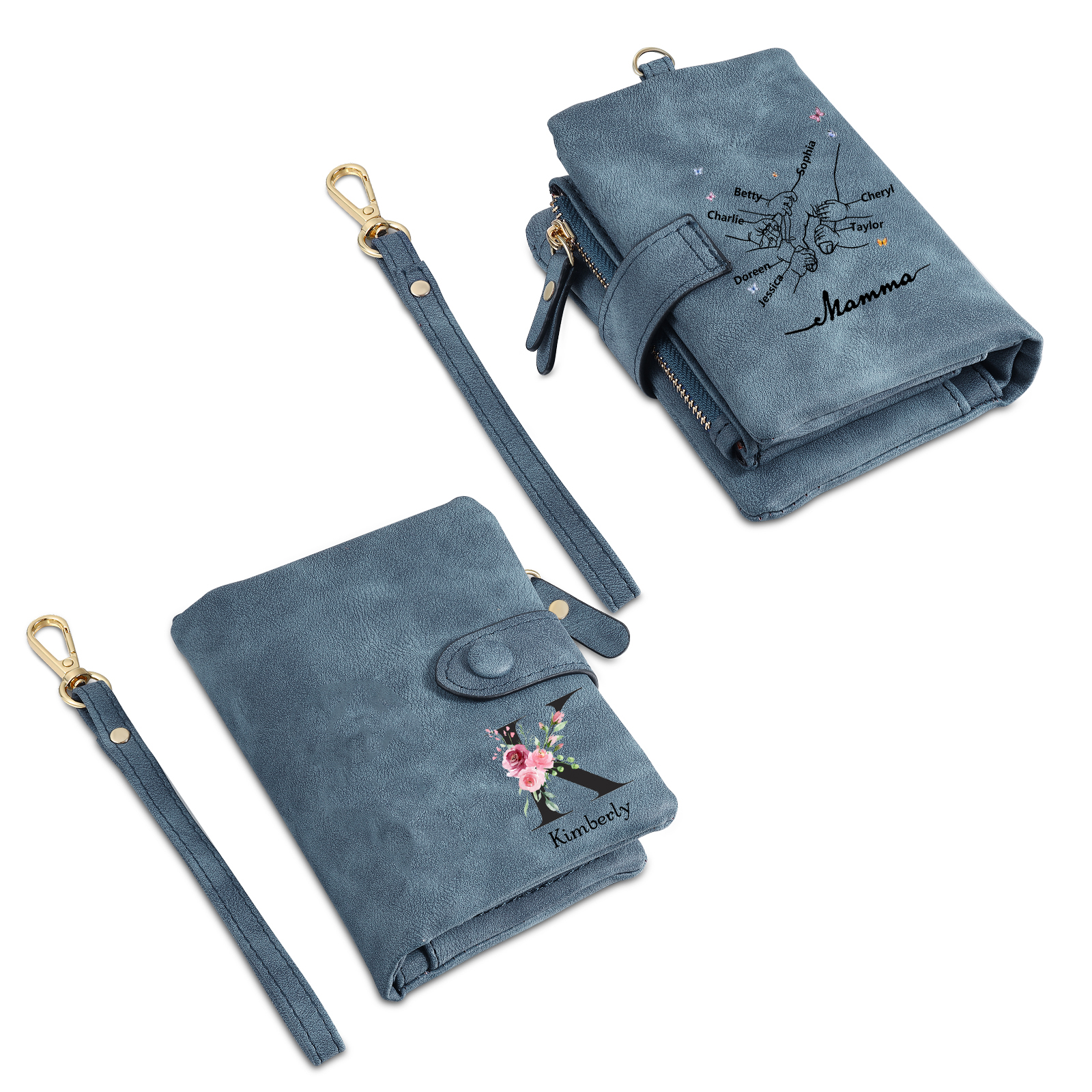 Portafoglio mano nella mano in PU pelle con 8 nomi & 1 testo & 1 lettera personalizzati per mamma