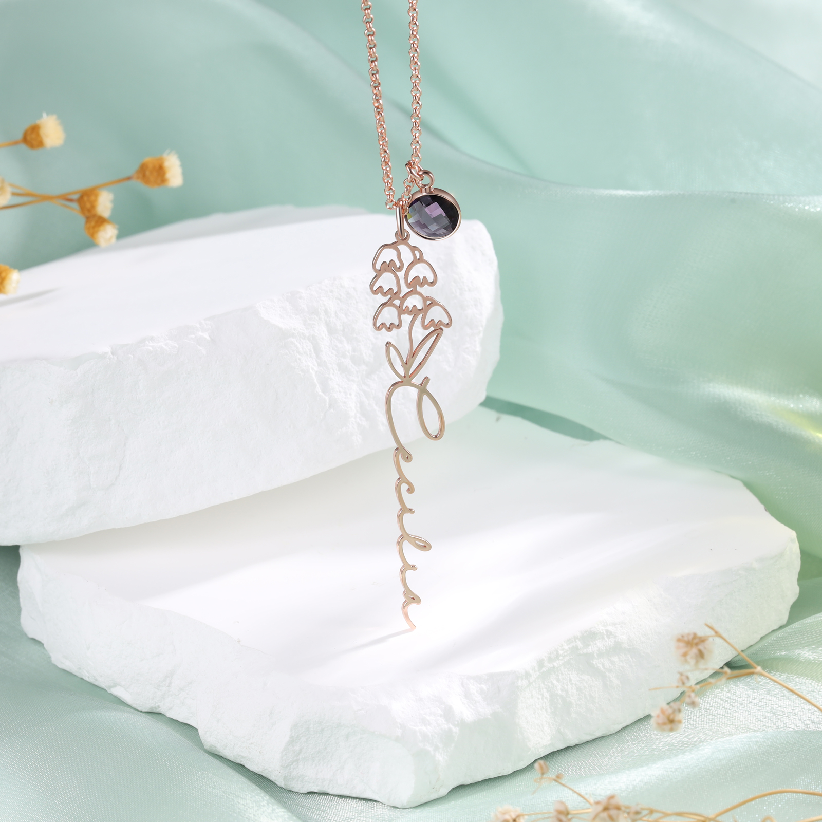 Collana 925 Argento Fiore elegante con 1 pietra di nascita e 1 nome e 1 fiore di nascita personalizzabili per donna