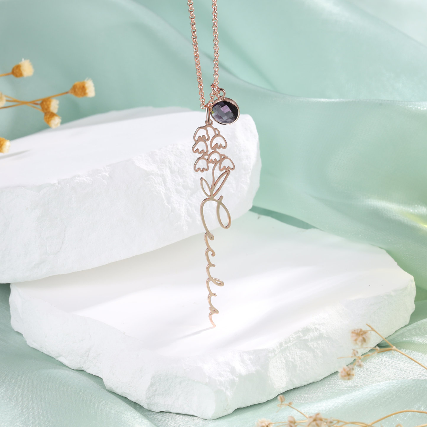 Collana 925 Argento Fiore elegante con 1 pietra di nascita e 1 nome e 1 fiore di nascita personalizzabili per donna