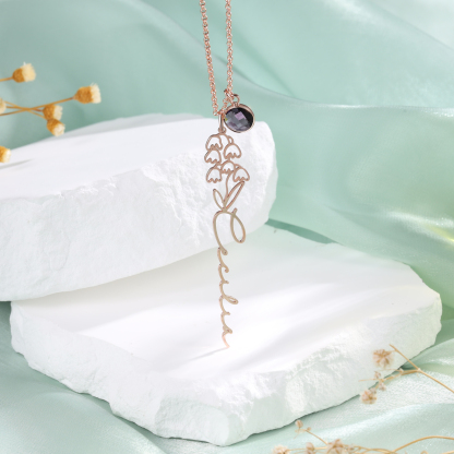 Collana 925 Argento Fiore elegante con 1 pietra di nascita e 1 nome e 1 fiore di nascita personalizzabili per donna