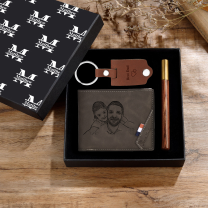 Personalized Leather Wallet Gift Box Set with Keychain Customizable Photo,Text ,Name and Letter Wallet Gift for Him