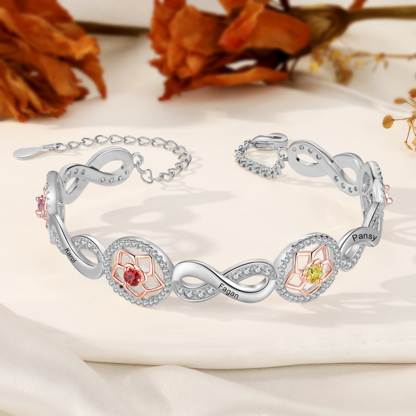 Braccialetto Infinito con Fiore Personalizzato con 5 nomi e 4 pietre di nascita