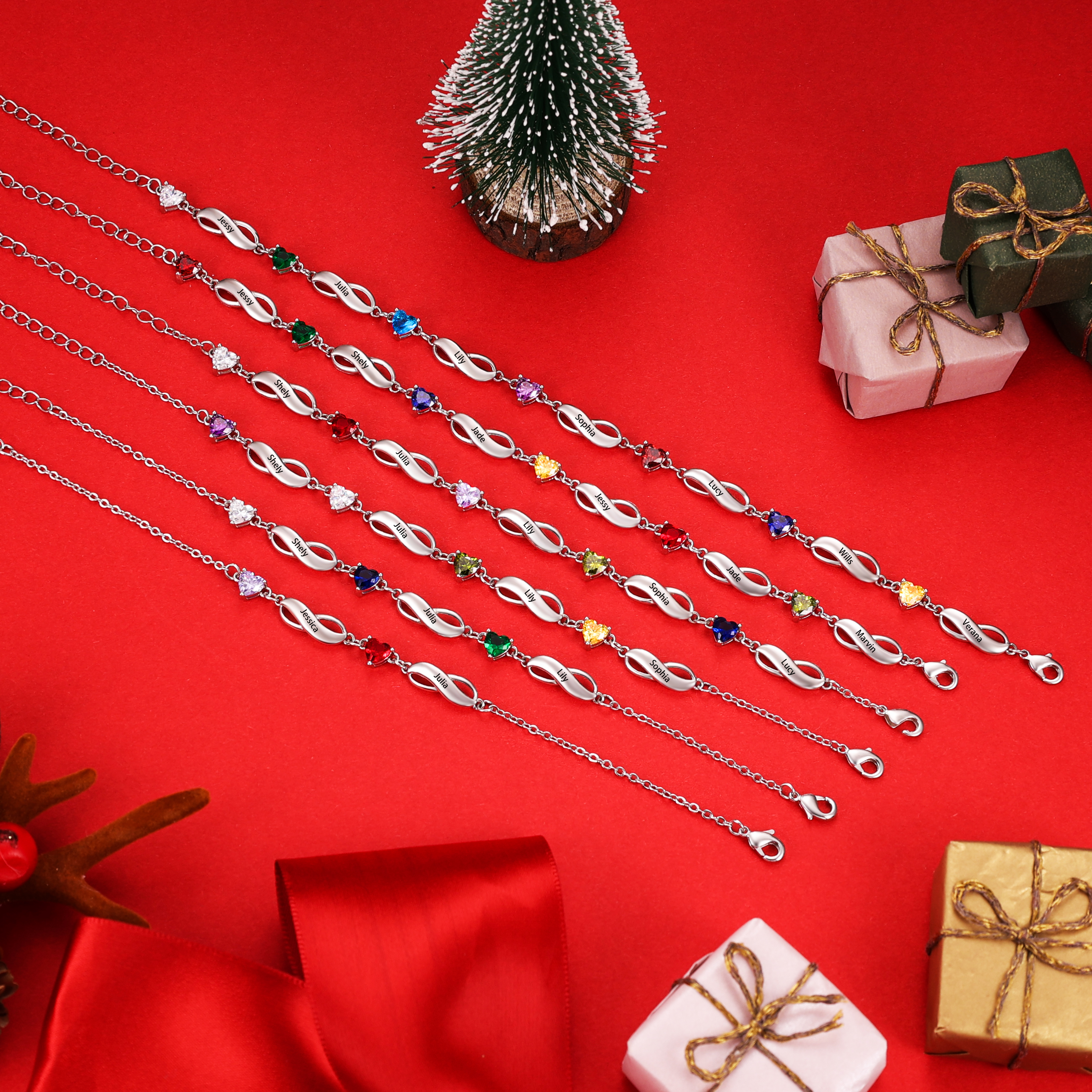 Braccialetto infinito con 2 pietre di nascita a forma di cuore e 2 nomi personalizzati