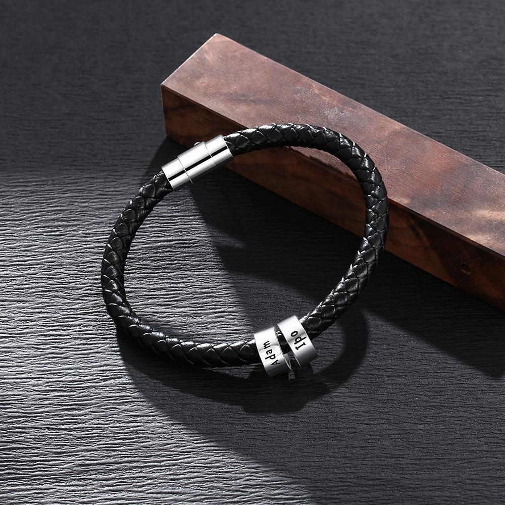 Braccialetto in pelle intrecciata Braccialetto maschile di nome personalizzato con 2 perline