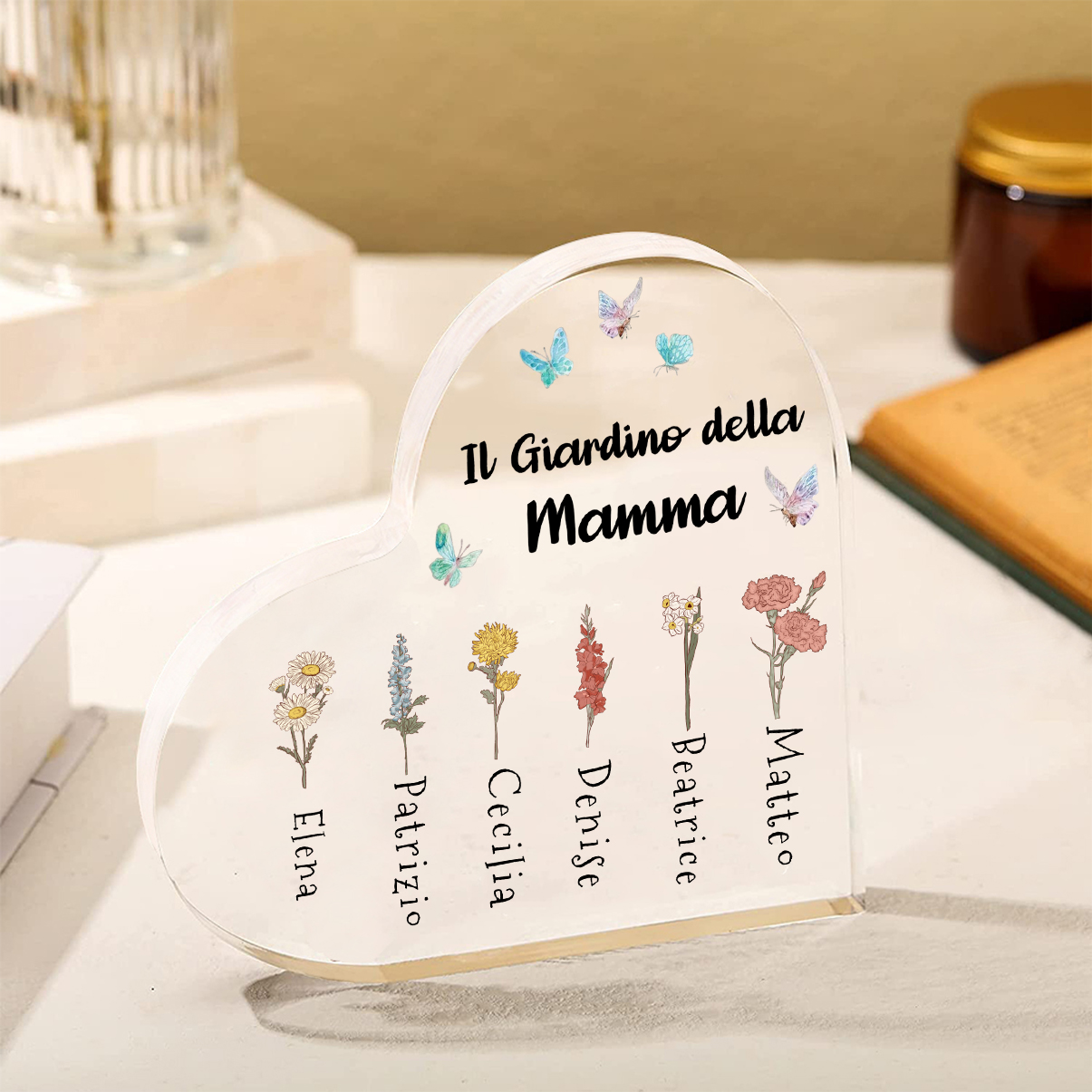 Targa acrilica personalizzata a forma di cuore - giardino della mamma - con 1-6 nomi e fiori di nascita - Regalo per la mamma