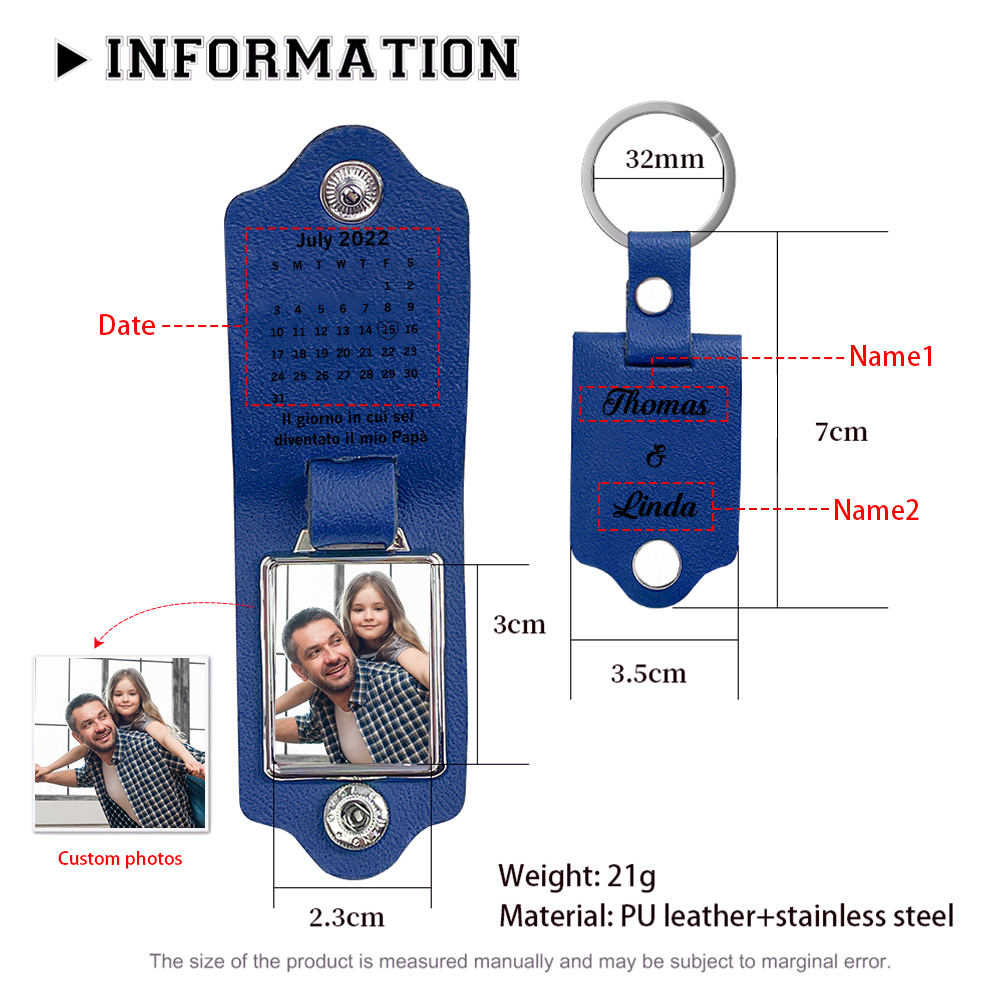 Portachiavi Pelle 1 foto e 1 data e 2 nomi personalizzabili regalo per Papà