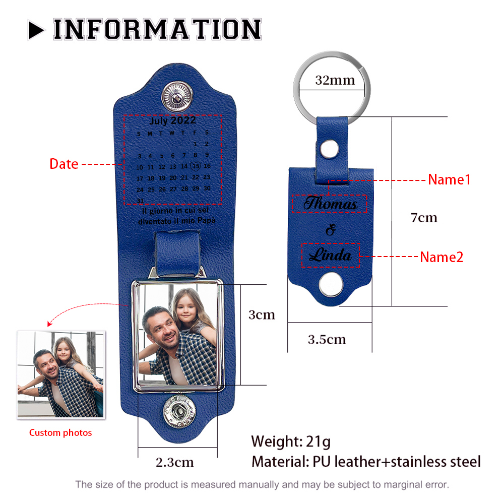 Portachiavi Pelle 1 foto e 1 data e 2 nomi personalizzabili regalo per Papà