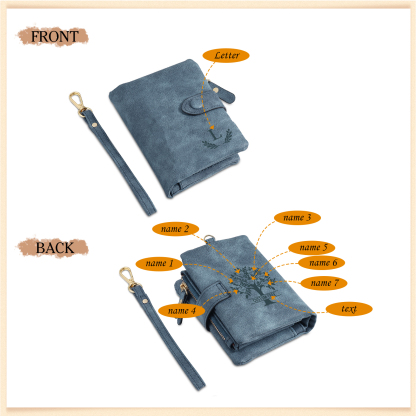 Portafoglio Albero della vita in PU pelle con 7 nomi & 1 testo & 1 lettera personalizzati per donna