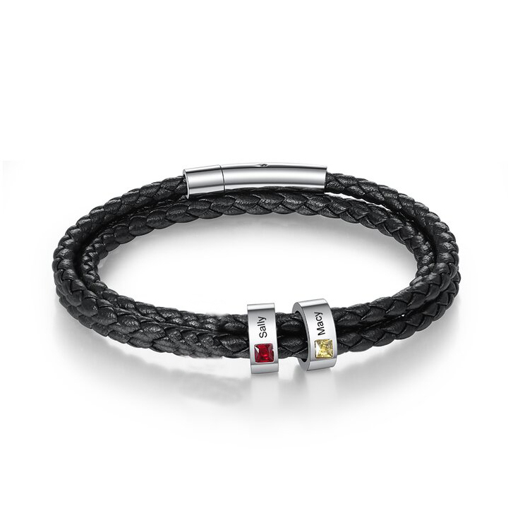 Bracciale Uomo in Pelle Personalizzato – Incisione 2 Nomi e Pietre Nascita – Regalo Speciale per Papà o Lui