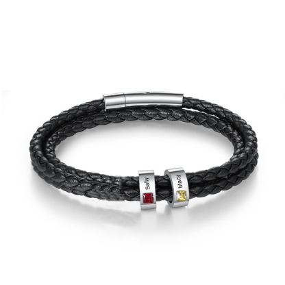 Bracciale Uomo in Pelle Personalizzato – Incisione 2 Nomi e Pietre Nascita – Regalo Speciale per Papà o Lui