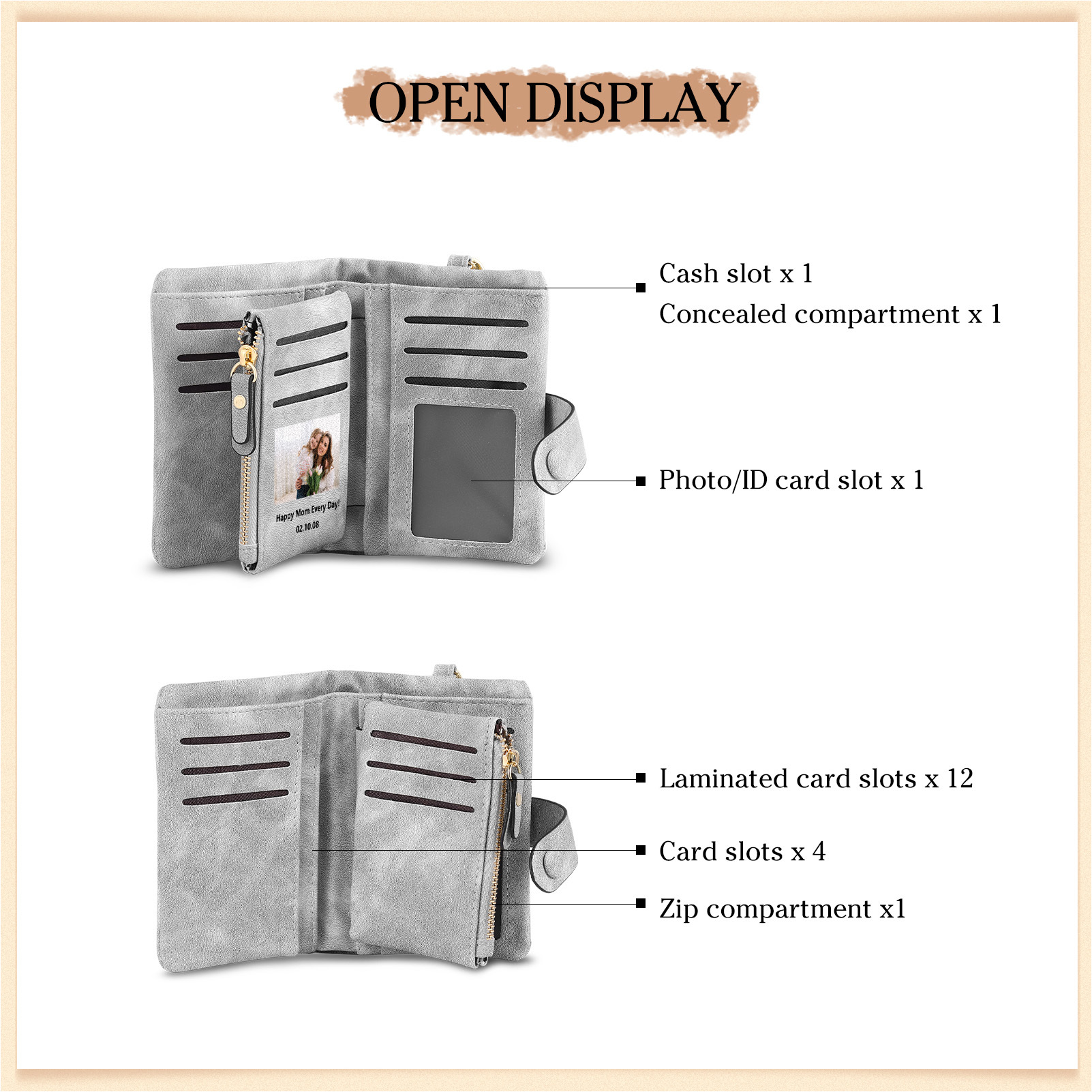 Portafoglio in PU pelle girasole con 1 letetra & 1 testo & 1 nome & 1 foto personalizzati per mamma/nonna