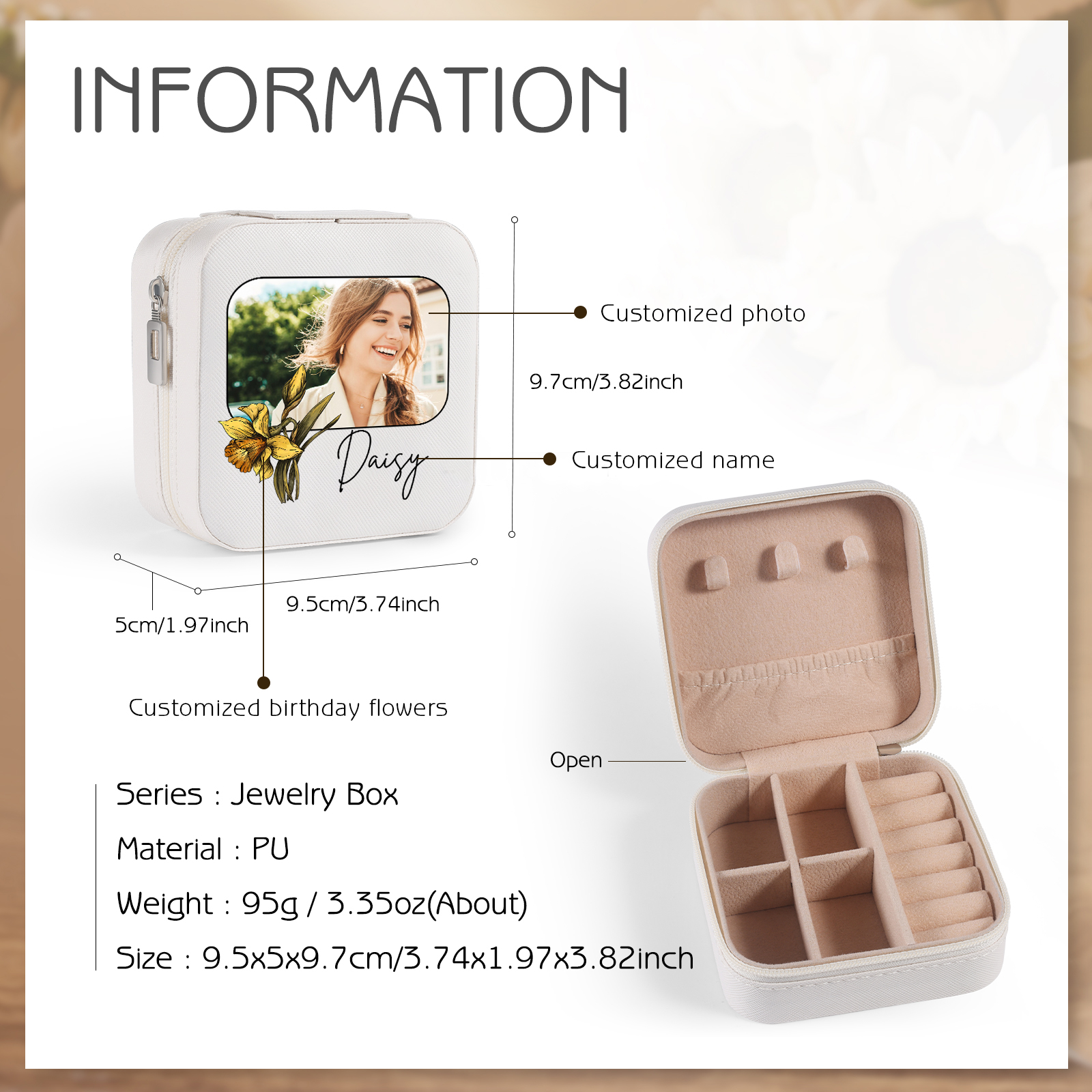 Square Jewelry Storage Photo Box-Personalised 1 Name Customized Birthflower Storage Box In Various Colors