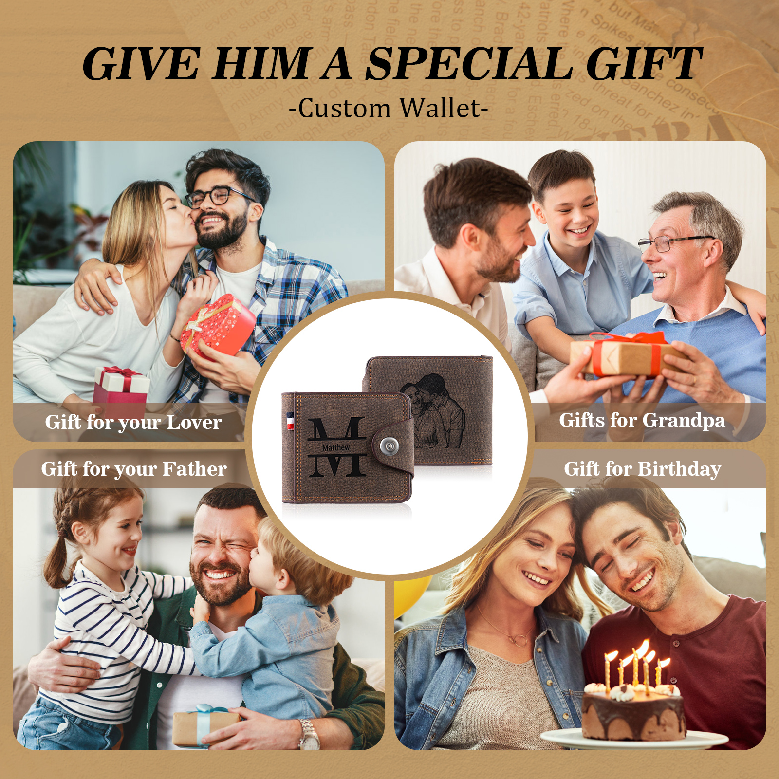 Portafoglio in PU pelle da uomo 1 nome 1 lettera e 1 foto personalizzabili regalo per uomo