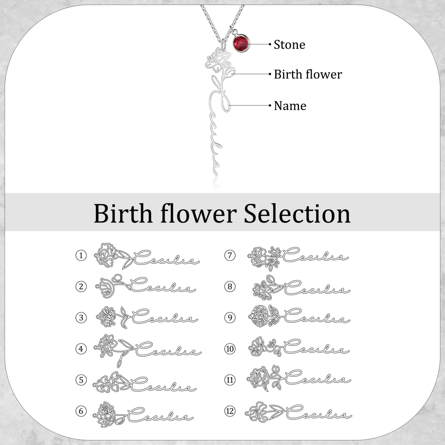 Collana 925 Argento Fiore elegante con 1 pietra di nascita e 1 nome e 1 fiore di nascita personalizzabili per donna