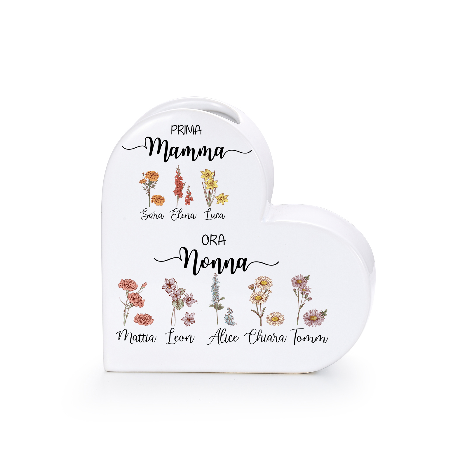 Vaso Cuore in Ceramica Personalizzato con 2–10 Nomi e Fiori di Nascita, regalo per la Festa della Mamma per Nonna e Mamma