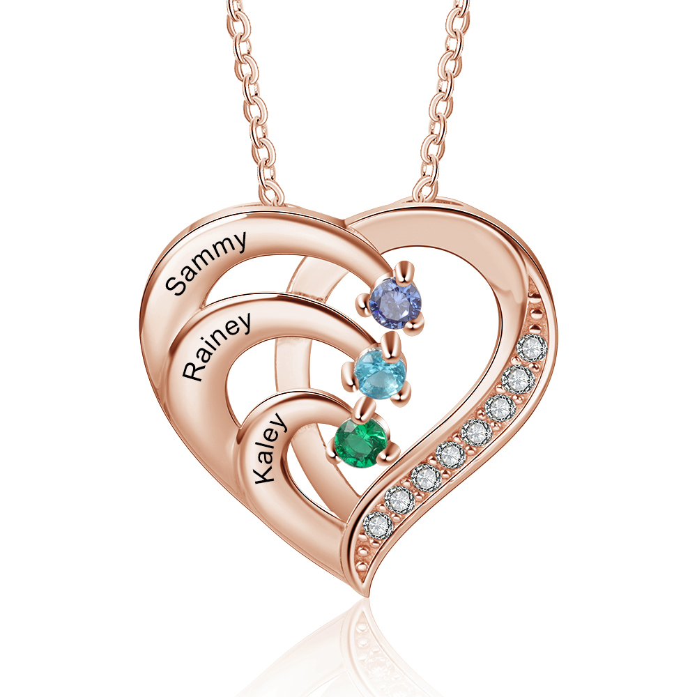 Argento S925 Collana con 3 nomi personalizzati e 3 pietre di nascita in ciondolo a cuore