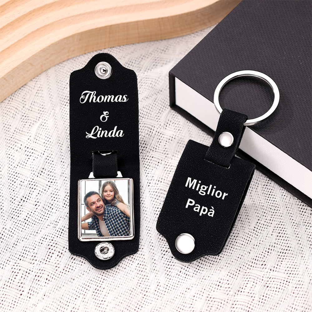 Portachiavi Pelle 1 foto e 2 nomi personalizzabili regalo per Papà