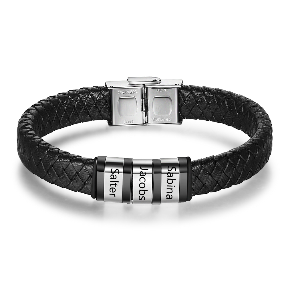 Braccialetto in pelle intrecciata Bracciale maschile con 3 perline e 3 nomi personalizzati