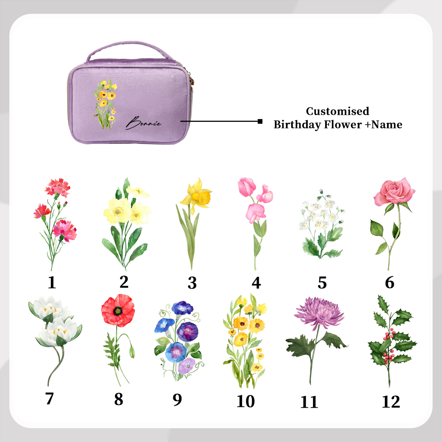 Borsa portabile per cosmetici in flanella per donna 1 nome e 1 fiore di nascita personalizzato multicolori da scegliere
