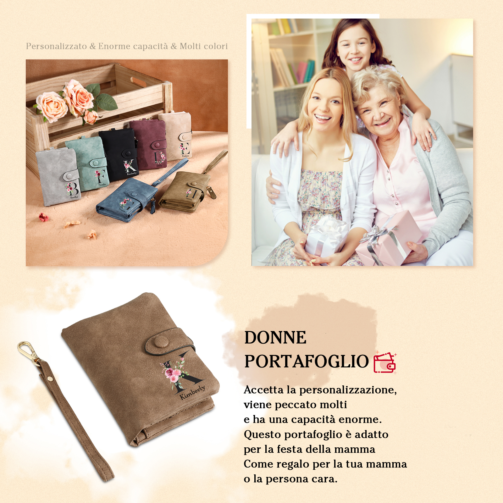 Portafoglio mano nella mano in PU pelle con 5 nomi & 1 testo & 1 lettera personalizzati per mamma