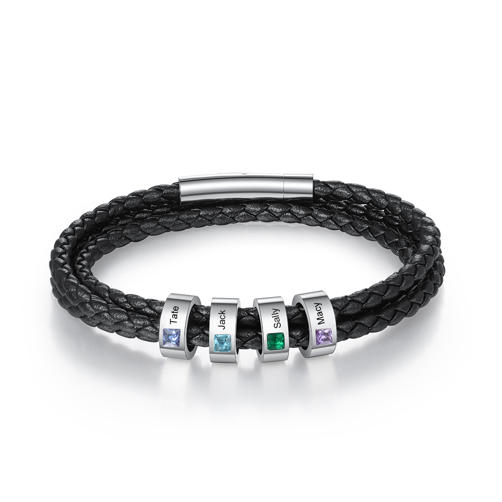Bracciale Uomo in Pelle Personalizzato – Incisione 4 Nomi e Pietre Nascita – Regalo Speciale per Papà o Lui | Jessemade