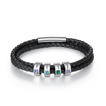 Bracciale Uomo in Pelle Personalizzato – Incisione 4 Nomi e Pietre Nascita – Regalo Speciale per Papà o Lui | Jessemade