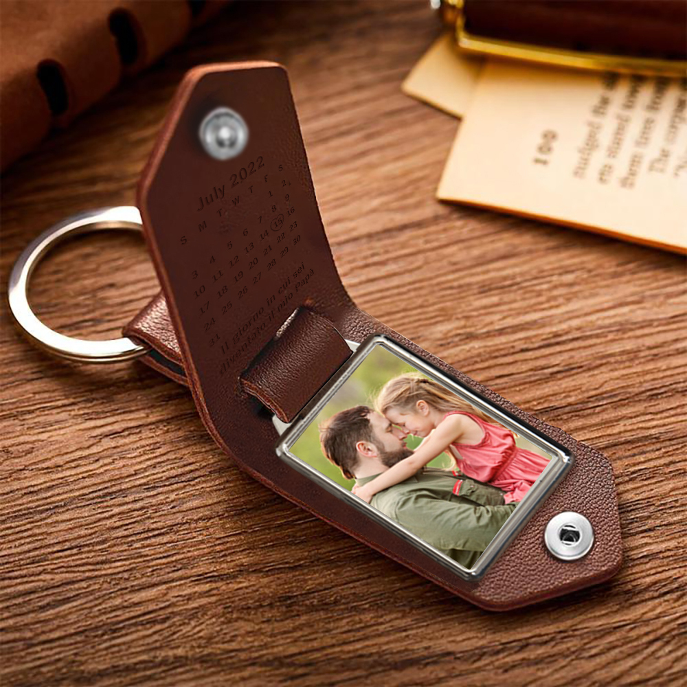 Portachiavi Pelle 1 foto e 1 data e 2 nomi personalizzabili regalo per Papà