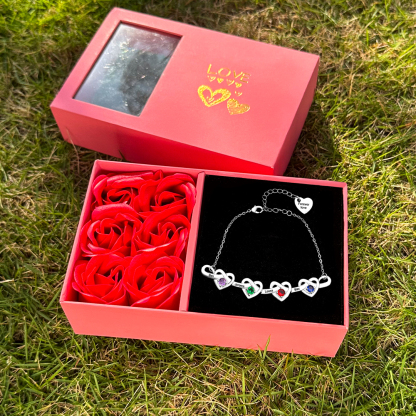 Braccialetto da cuore a cuore personalizzato con 4 pietre di nascita e 4 nomi personalizzati regalo per donna