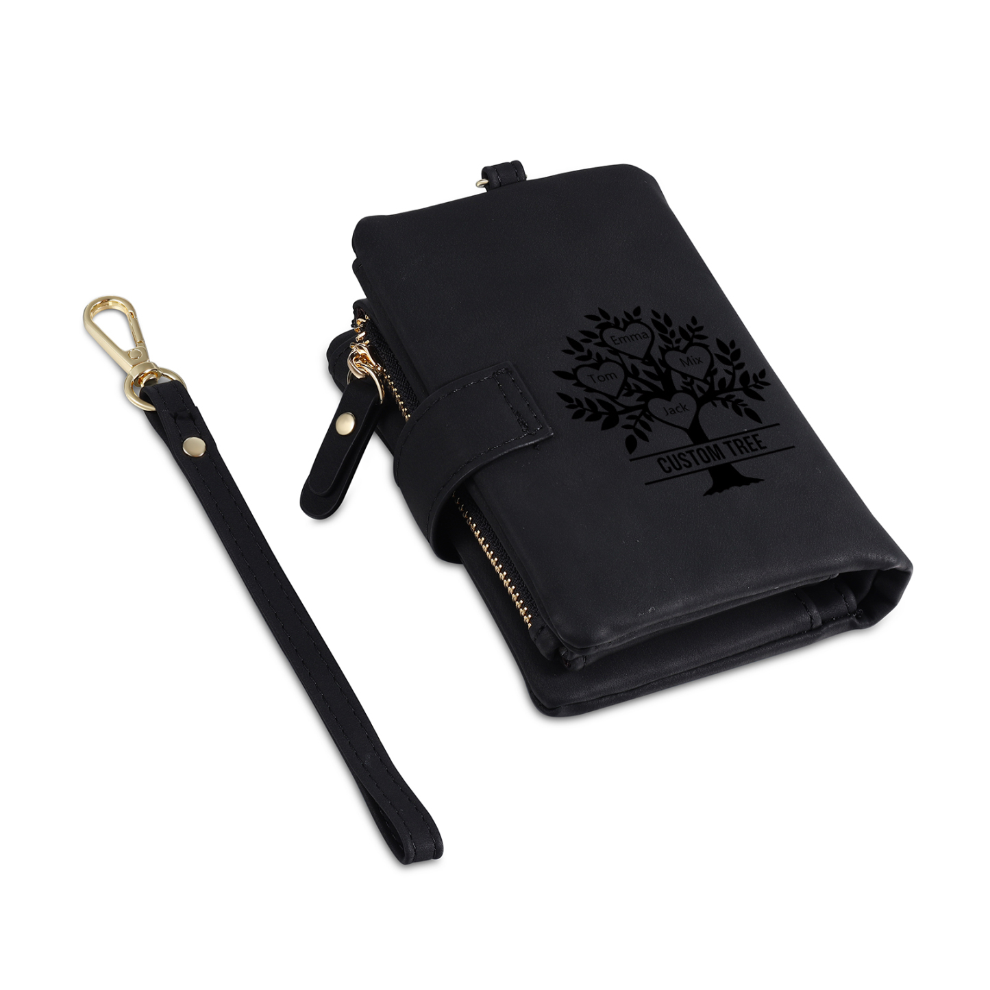 Portafoglio Albero della vita in PU pelle con 4 nomi & 1 testo & 1 lettera personalizzati per donna