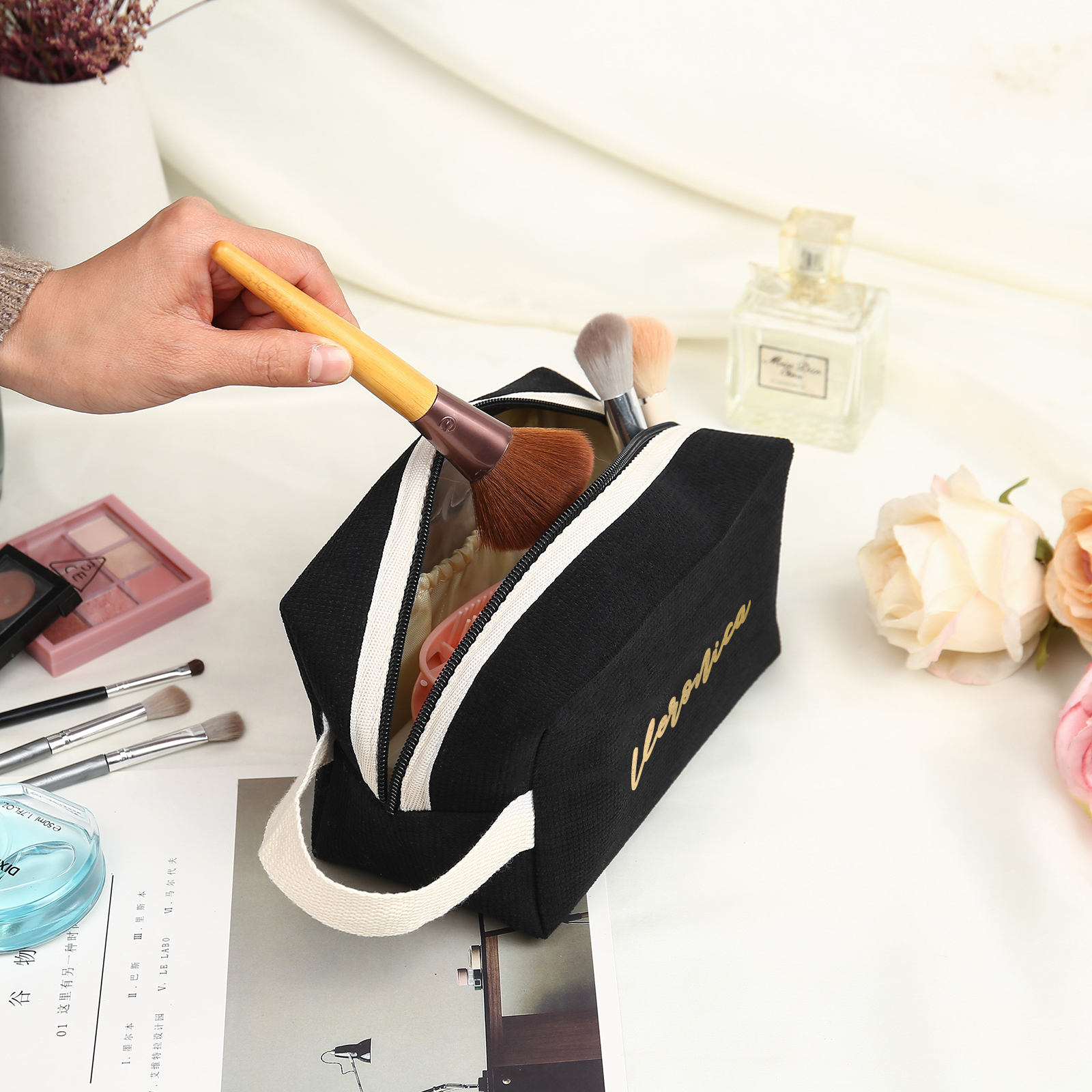 Borsa portabile per cosmetici in velluto a coste per donna 1 nome personalizzato regalo per donna