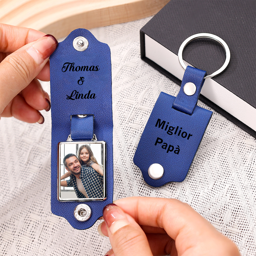 Portachiavi Pelle 1 foto e 2 nomi personalizzabili regalo per Papà