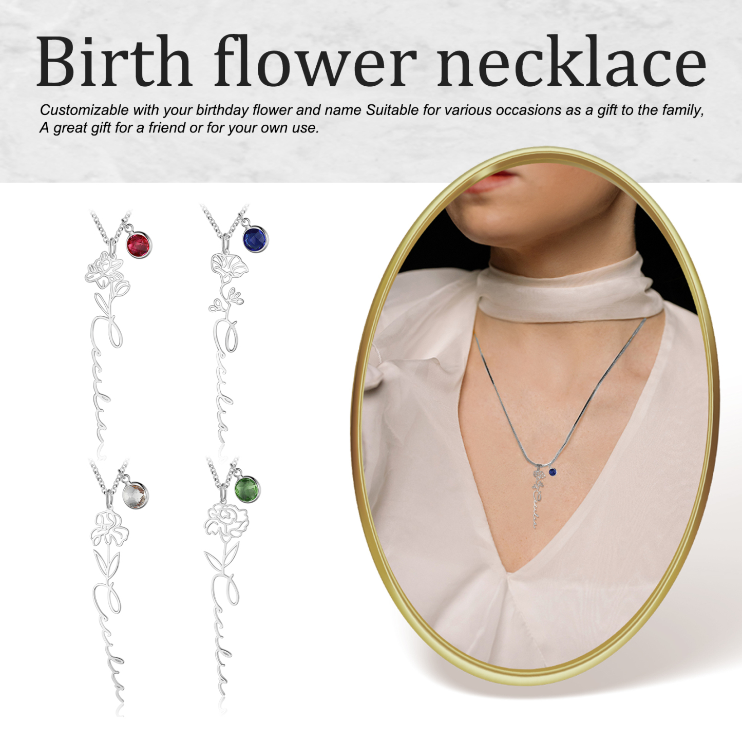 Collana 925 Argento Fiore elegante con 1 pietra di nascita e 1 nome e 1 fiore di nascita personalizzabili per donna