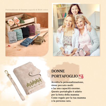 Portafoglio in PU pelle con 3 nomi & 1 testo & 1 foto personalizzati per mamma