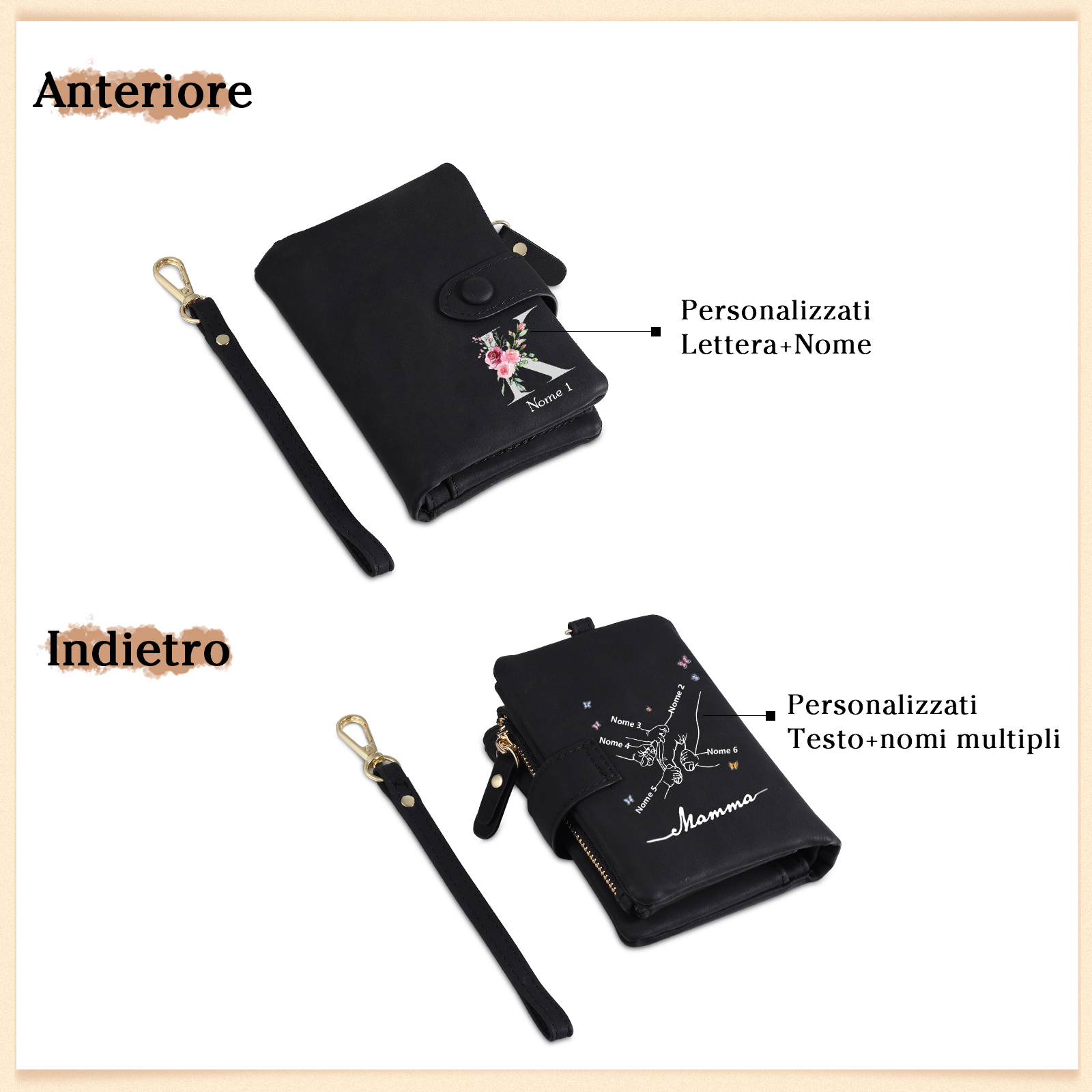 Portafoglio mano nella mano in PU pelle con 6 nomi & 1 testo & 1 lettera personalizzati per mamma