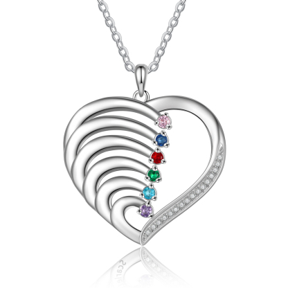 Argento S925 Collana con 6 nomi personalizzati e 6 pietre di nascita in ciondolo a cuore
