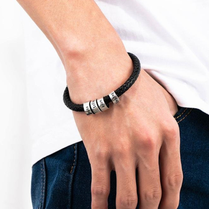 Braccialetto in pelle intrecciata Braccialetto maschile di nome personalizzato con 4 perline