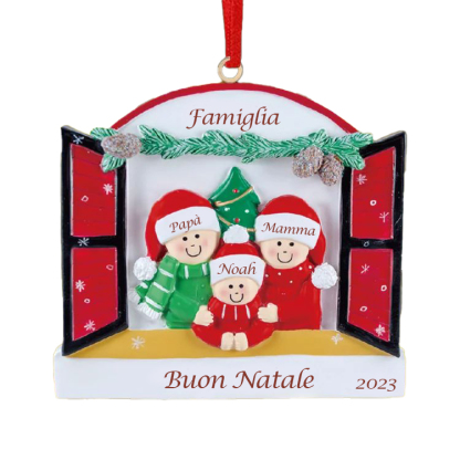 Famiglia dalla finestra-Ciondolo 2023 per albero di Natale 3 nomi personalizzabili