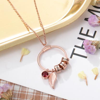 Collana con ciondolo foglia e cerchio 1 nome e 1 pietra di nascita personalizzati regalo per donna