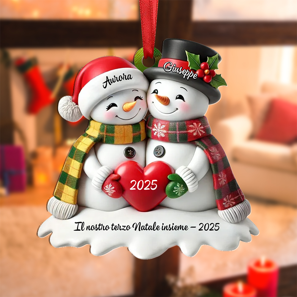 Decorazione personalizzata per albero di Natale con coppia di pupazzi di neve a forma di cuore