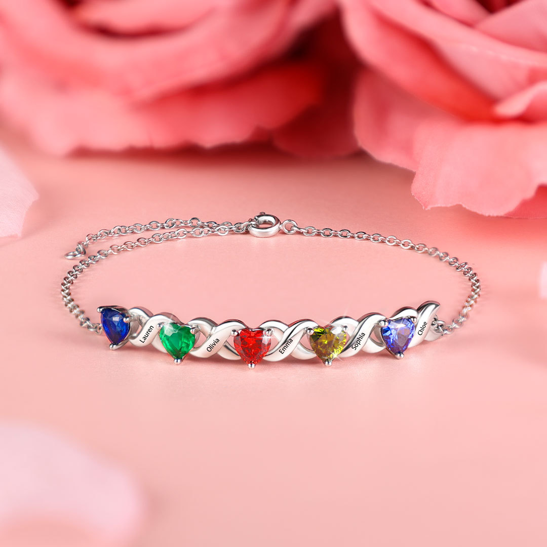 Festa della Mamma Braccialetto personalizzato con 6 nomi e 6 cuore pietre di nascita regalo per donna