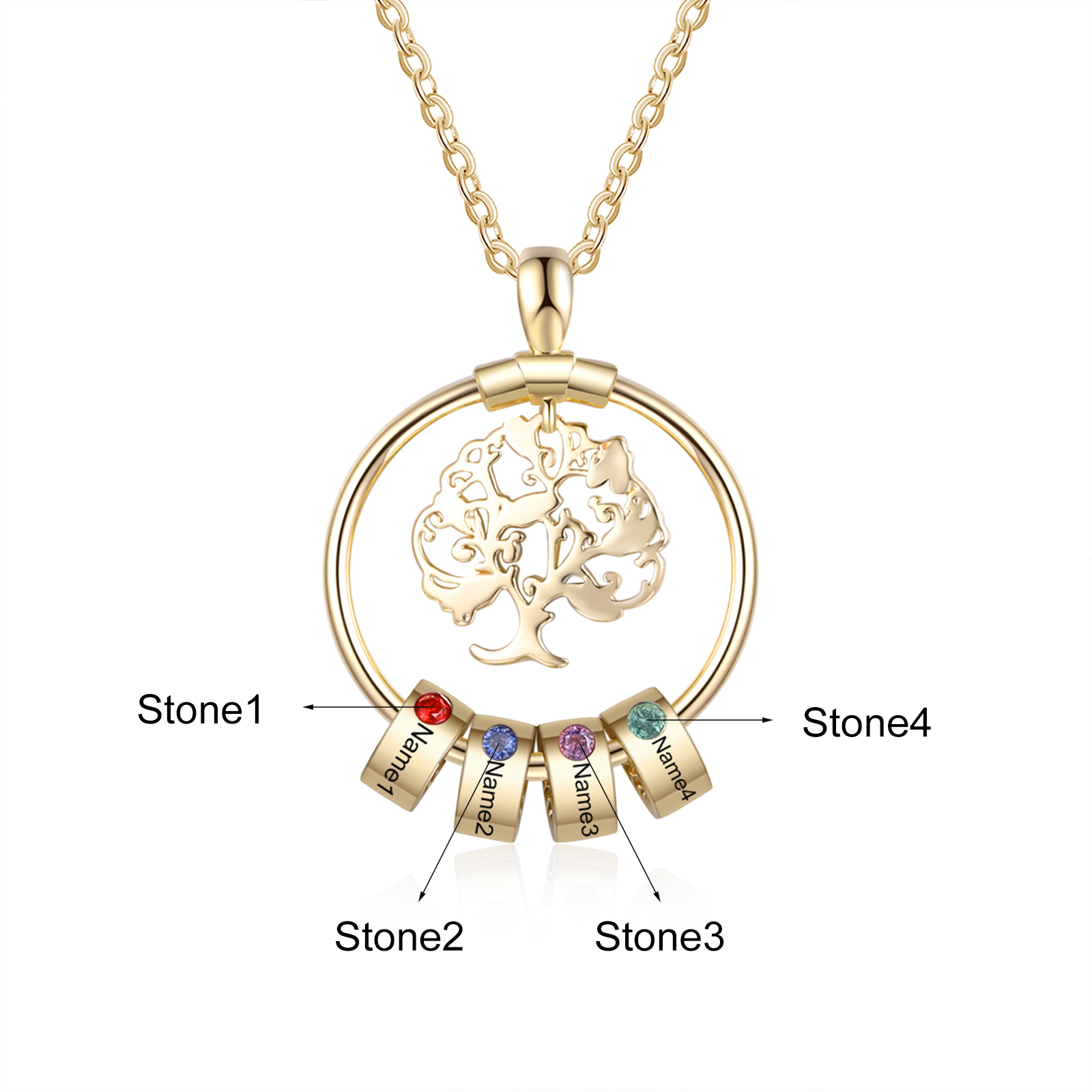 Personalized Family Tree Necklace With 4 Birthstone & 4 Name & Bracelet with 4 Name Gift Set Christmas Gift for Family | Jessemade