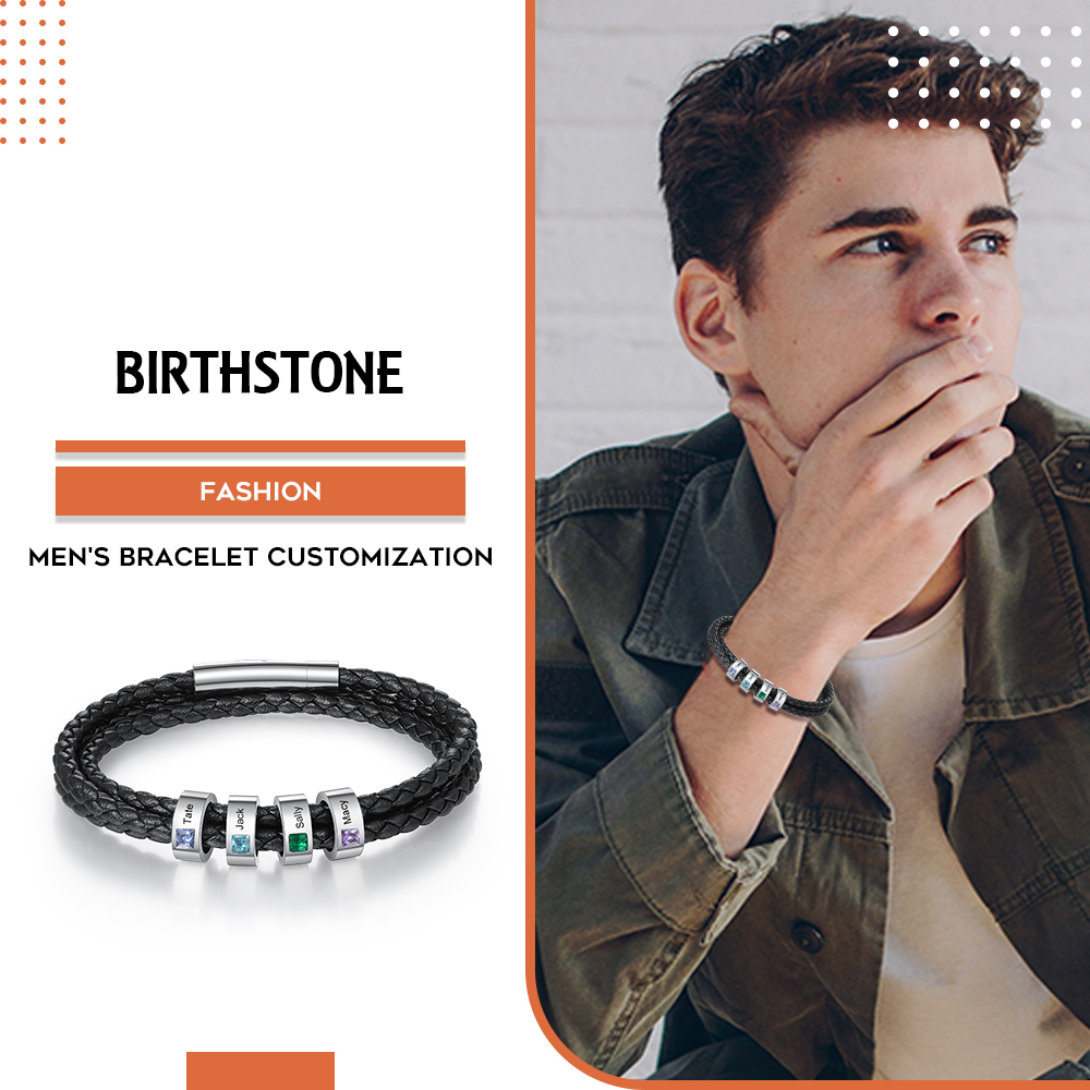 Bracciale Uomo in Pelle Personalizzato – Incisione 4 Nomi e Pietre Nascita – Regalo Speciale per Papà o Lui | Jessemade