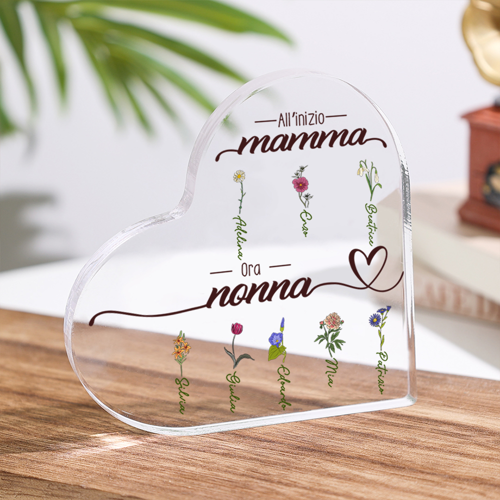 All'inizio mamma,ora nonna-Decorazione acrilica con fiore personalizzato a forma di cuore per mamma/nonna