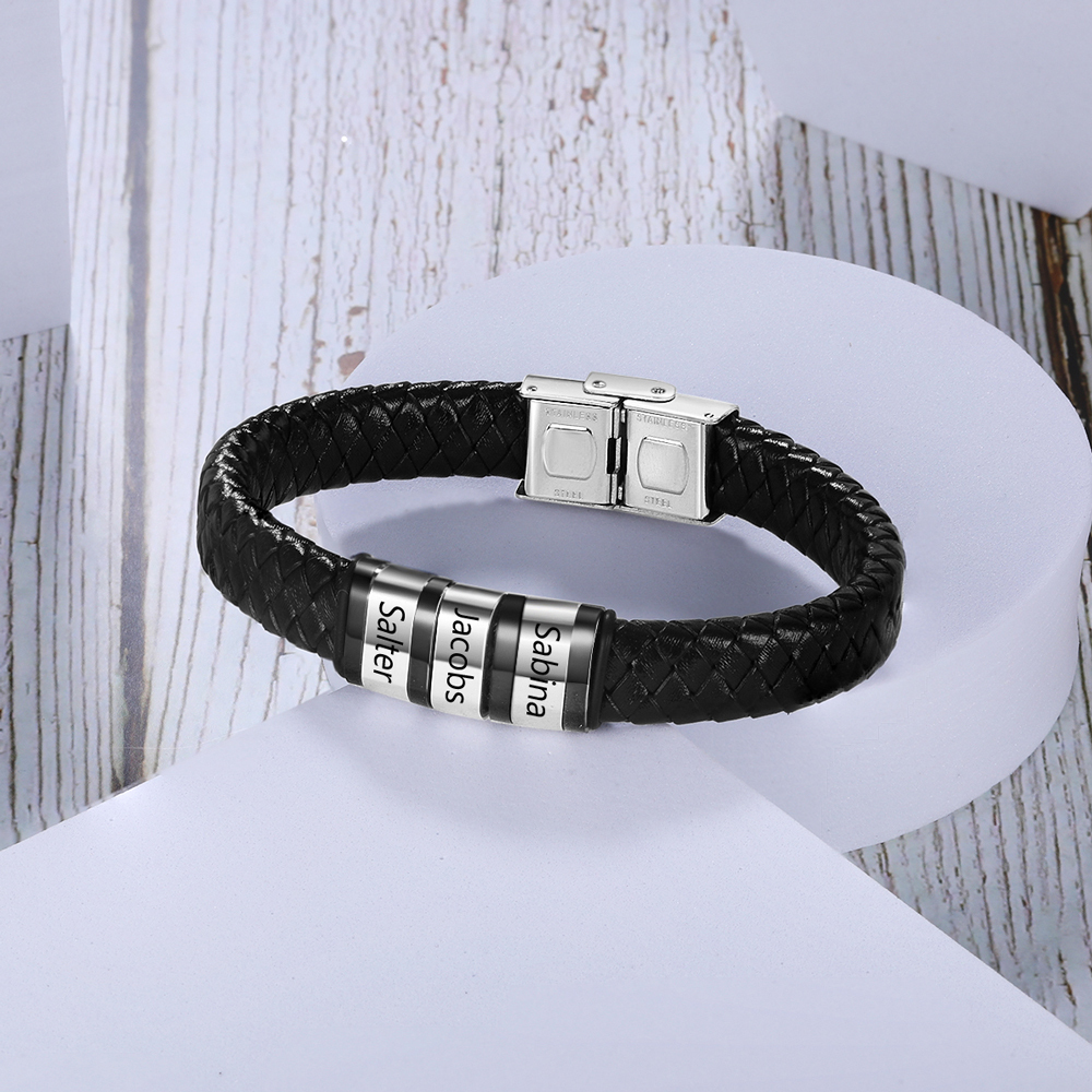 Braccialetto in pelle intrecciata Bracciale maschile con 3 perline e 3 nomi personalizzati
