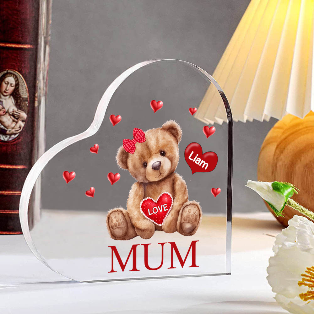MAMMA Decorazione acrilica con orsacchiotto a forma di cuore 1 nome e 2 testi personalizzati per mamma/nonna